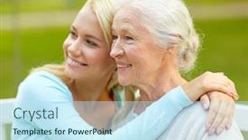  Presentation with young generation - Audience pleasing PPT layouts consisting of family generation and people concept - happy smiling young daughter with senior mother sitting on park bench and hugging backdrop and a sky blue colored foreground