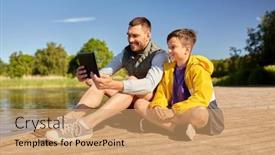  Presentation with generation - Audience pleasing presentation theme consisting of family-generation-and-technology-concept backdrop and a coral colored foreground