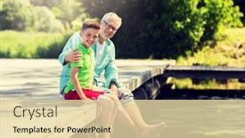  Presentation with family communication - Presentation design with family generation communication and people concept - happy grandfather and grandson sitting on river berth background and a lemonade colored foreground