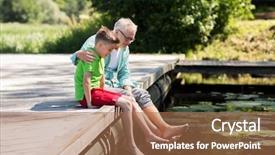  Presentation with communication family - Presentation featuring family generation communication and people concept - happy grandfather and grandson sitting on river berth background and a coral colored foreground