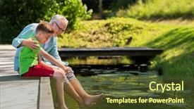  Presentation with communication family - PPT layouts with family generation communication and people concept - happy grandfather and grandson sitting on river berth background and a tawny brown colored foreground