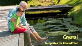  Presentation with family communication - Presentation having family generation communication and people concept - happy grandfather and grandson sitting on river berth background and a tawny brown colored foreground