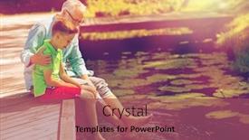  Presentation with communication family - PPT theme consisting of family generation communication and people concept - happy grandfather and grandson sitting on river berth background and a violet colored foreground