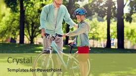 Presentation with safety - Presentation design featuring family generation safety and people concept - happy grandfather teaching boy with bicycle and bike helmet at summer park background and a yellow colored foreground
