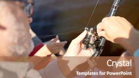  Presentation with spinning - Cool new PPT layouts with family generation summer holidays and people concept - senior man and child with fishing rod or spinning on river or lake berth backdrop and a coral colored foreground