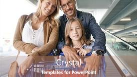  Presentation with family shopping - PPT layouts with family going down escalator of shopping mall background and a coral colored foreground