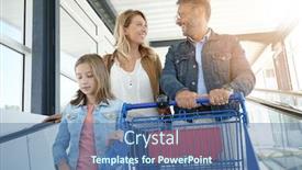  Presentation with family shopping - PPT layouts enhanced with family going down escalator of shopping mall background and a ocean colored foreground