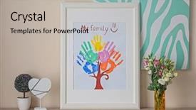  Presentation with decor - Audience pleasing presentation consisting of family hand prints in frame backdrop and a mint green colored foreground