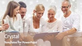  Presentation with photo album - Cool new presentation theme with family happiness generation and people concept - happy family with book or photo album sitting on couch at home backdrop and a coral colored foreground