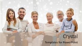  Presentation with generation - Beautiful presentation theme featuring family happiness generation and people concept - happy family sitting on couch at home backdrop and a coral colored foreground