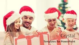  Presentation with living room family - Slide deck with family happiness generation holidays and people concept - happy family in santa helper hats with gift boxes sitting on couch over living room and christmas tree background background and a coral colored foreground