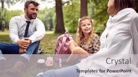  Presentation with school family - PPT theme featuring family-having-a-picnic background and a light gray colored foreground