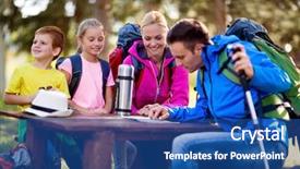  Presentation with hiking - PPT theme with family having break on hiking background and a ocean colored foreground