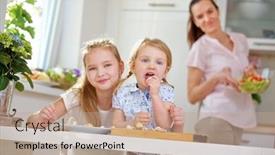  Presentation with breakfast children - PPT theme having family-having-breakfast-with-children background and a coral colored foreground