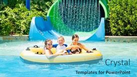  Presentation with inflatable water park - Theme featuring family having fun together a water park riding on an inflatable tube together on a water slide background and a light blue colored foreground