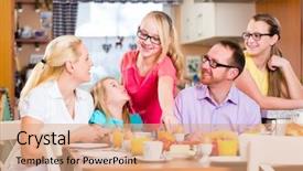  Presentation with joint - Slide set enhanced with family having joint breakfast in kitchen eating and drinking background and a coral colored foreground