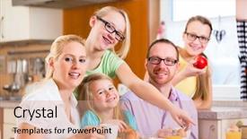  Presentation with joint - Slide set having family having joint breakfast in kitchen eating and drinking background and a coral colored foreground