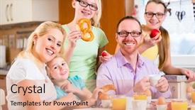  Presentation with joint - Presentation theme consisting of family having joint breakfast in kitchen eating and drinking background and a coral colored foreground