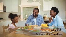  Presentation with family follow up - Slides with family having meal on dinning background and a coral colored foreground