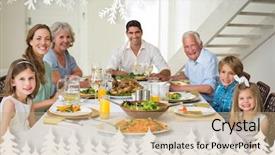  Presentation with family tree - Slides featuring family having meal together at dining table against fir tree forest and snowflakes background and a coral colored foreground