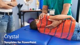  Presentation with rehab clinic - Slides enhanced with family-having-physiotherapy-session-massaging background and a teal colored foreground