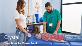  Presentation with rehab clinic - Presentation theme having family-having-physiotherapy-session-massaging background and a ocean colored foreground