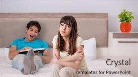  Presentation with family problems - Audience pleasing presentation theme consisting of young family having problems backdrop and a coral colored foreground