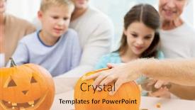  Presentation with lantern - PPT theme enhanced with family helloween generation holidays and people concept - happy family making jack-o-lantern of pumpkins at home background and a yellow colored foreground