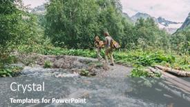  Presentation with river forest - Colorful slide deck enhanced with family-hikers-with-backpacks-crossing backdrop and a gray colored foreground