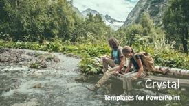  Presentation with river forest - Cool new theme with family-hikers-with-backpacks-crossing backdrop and a gray colored foreground