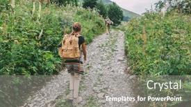  Presentation with backpacks - Colorful presentation theme enhanced with family-hikers-with-backpacks-walking backdrop and a gray colored foreground