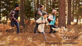  Presentation with hiking - Beautiful PPT theme featuring family hiking through a forest backdrop and a red colored foreground