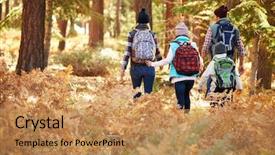  Presentation with california - PPT theme consisting of family hiking through forest background and a coral colored foreground