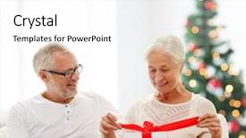  Presentation with senior living - Colorful PPT layouts enhanced with family holidays age and people concept - happy senior couple with gift box over living room and christmas tree background backdrop and a white colored foreground