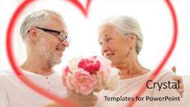  Presentation with heart flowers - Presentation theme enhanced with family holidays age and people concept - happy senior couple holding bunch of flowers at home with big red heart shape background and a coral colored foreground