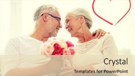  Presentation with heart flowers - Slide set enhanced with family holidays age and people concept - happy senior couple holding bunch of flowers at home with red heart shape background and a lemonade colored foreground
