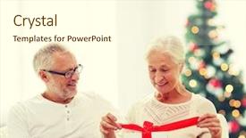  Presentation with senior living - Colorful slide deck enhanced with family holidays age and people concept - happy senior couple with gift box over living room and christmas tree background backdrop and a cream colored foreground
