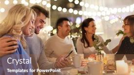  Presentation with tea party - Slide set with family holidays and people concept - happy couple with smartphone having tea party at home background and a coral colored foreground