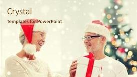  Presentation with christmas holidays - Colorful presentation enhanced with family holidays christmas age and people concept - happy senior couple in santa helper hats with gift box at home backdrop and a cream colored foreground
