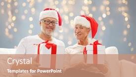  Presentation with happy holidays - PPT theme consisting of family holidays christmas age and people concept - happy senior couple in santa helper hats with gift boxes over lights background background and a coral colored foreground