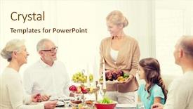  Presentation with generation - Slide set enhanced with family holidays generation and people concept - smiling family having dinner at home background and a cream colored foreground