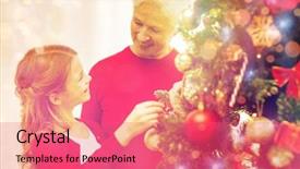 Presentation with family tree - Theme consisting of family holidays generation and people concept - smiling girl with grandmother decorating christmas tree at home background and a coral colored foreground