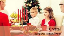 Presentation with christmas dinner - Slides having family holidays generation christmas and people concept - smiling family having dinner at home background and a coral colored foreground