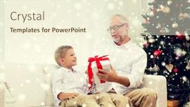  Presentation with grandfather - Slide deck having family holidays generation christmas and people concept - smiling grandfather and grandson with gift box sitting on couch at home background and a cream colored foreground