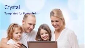  Presentation with family shopping - Presentation theme having family holidays shopping technology and people - happy family with laptop computer and credit card over blue lights background background and a sky blue colored foreground