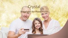  Presentation with family shopping - Theme having family holidays shopping technology and people concept - happy family with laptop computer and credit card over yellow lights background background and a lemonade colored foreground