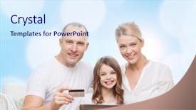  Presentation with family shopping - Colorful theme enhanced with family holidays shopping technology and people concept - happy family with laptop computer and credit card over blue lights background backdrop and a sky blue colored foreground
