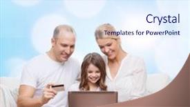  Presentation with family shopping - Slides enhanced with family holidays shopping technology and people concept - happy family with laptop computer and credit card over blue lights background background and a sky blue colored foreground