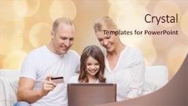  Presentation with family shopping - Amazing theme having family holidays shopping technology and people concept - happy family with laptop computer and credit card over beige lights background backdrop and a lemonade colored foreground