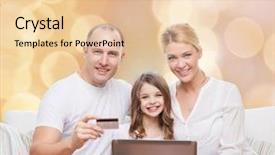  Presentation with family shopping - Theme having family holidays shopping technology and people concept - happy family with laptop computer and credit card over beige lights background background and a lemonade colored foreground